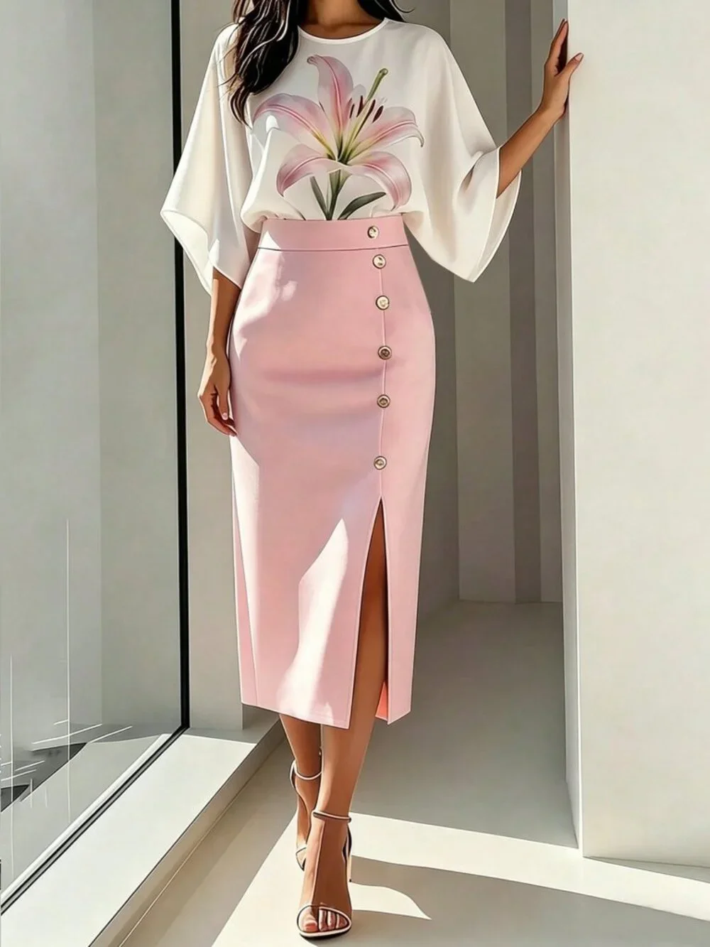 Pink Elegant Women's Lily Print Batwing Sleeve High Waist & top Two-Piece Set - Picture 4 of 4